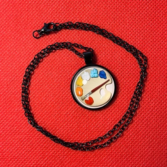 Artist's Paint Palette Black Tone Round Pendant Necklace - Picture 3 of 6
